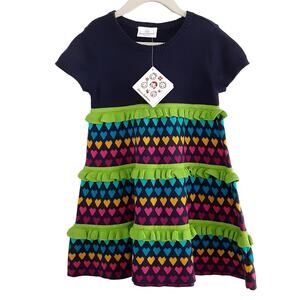 Hanna Andersson Ruffle Knit Sweater Dress Rainbow Heart Girls 2/3 Cap Sleeve NWT